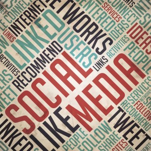 Social Media in Red and Blue Color. Vintage Wordcloud Concept.