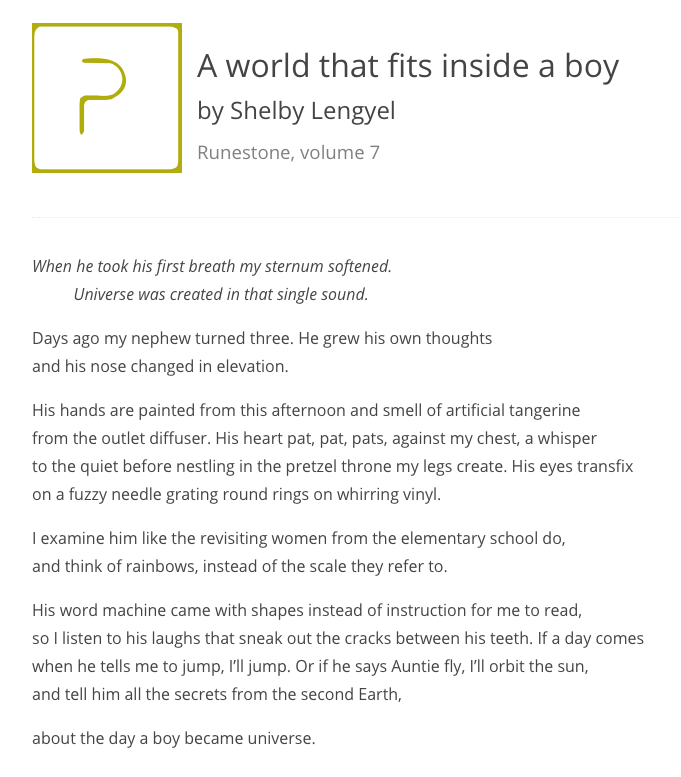 A world that fits inside a boy by Shelby Lengyel. Runestone v. 7