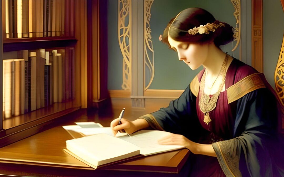 A woman is sitting at a desk, writing with a pen in an open notebook placed on the desk. There is a light shining on the notebook. The photo looks to be an older piece of artwork.